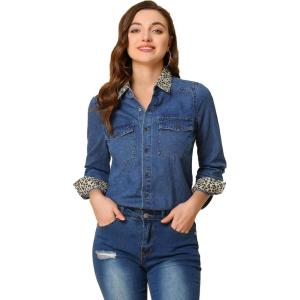 imageAllegra K Womens Button Up Jean Shirt Long Sleeve Leopard Denim JacketLight Blue