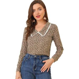 imageAllegra K Womens Casual Long Sleeve Career Vintage V Neck Floral Tops Blouse ShirtBrown