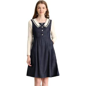 imageAllegra K Womens Chambray Dress Contrast Collar Long Sleeve Fit and Flare Denim DressesBlue
