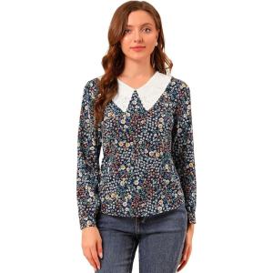imageAllegra K Womens Contrast Peter Pan Collar Keyhole Back Floral Blouse