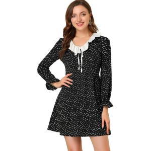imageAllegra K Womens Contrast Ruffle Peter Pan Collar Heart Printed Long Sleeve ALine Dress