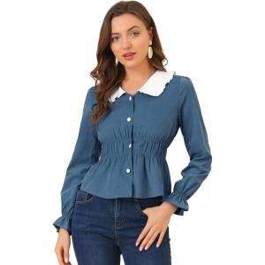 imageAllegra K Womens Contrast Ruffle Peter Pan Collar Smocked Waist Blouse