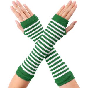 imageAllegra K Womens Fingerless Gloves Printed Elbow Length Knitted Arm WarmersGreen White