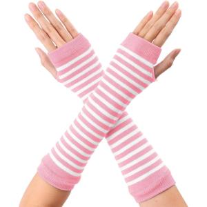 imageAllegra K Womens Fingerless Gloves Printed Elbow Length Knitted Arm WarmersPink White