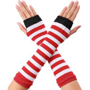imageAllegra K Womens Fingerless Gloves Printed Elbow Length Knitted Arm WarmersRed White Black