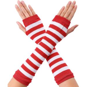 imageAllegra K Womens Fingerless Gloves Printed Elbow Length Knitted Arm WarmersRed White Wide Stripes