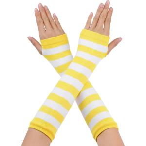 imageAllegra K Womens Fingerless Gloves Printed Elbow Length Knitted Arm WarmersYellow White Wide Stripes