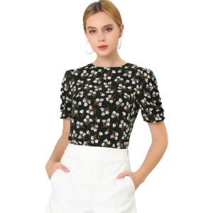 imageAllegra K Womens Floral Blouse Crew Neck Valentines Day Casual Shirred Short Sleeve TopBlack