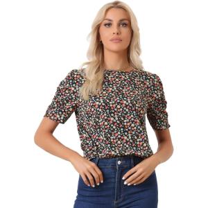 imageAllegra K Womens Floral Blouse Crew Neck Valentines Day Casual Shirred Short Sleeve TopBlack Red