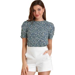 imageAllegra K Womens Floral Blouse Crew Neck Valentines Day Casual Shirred Short Sleeve TopBlue