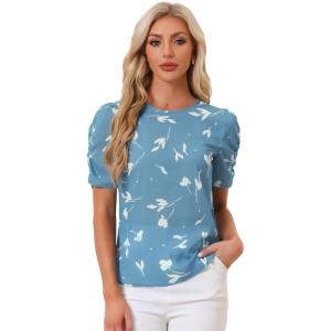 imageAllegra K Womens Floral Blouse Crew Neck Valentines Day Casual Shirred Short Sleeve TopBlue Floral