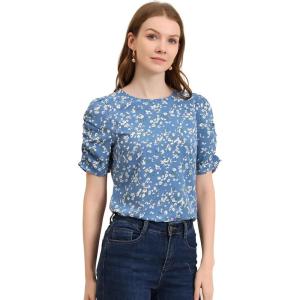 imageAllegra K Womens Floral Blouse Crew Neck Valentines Day Casual Shirred Short Sleeve TopBlue White