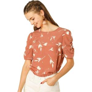 imageAllegra K Womens Floral Blouse Crew Neck Valentines Day Casual Shirred Short Sleeve TopCoral