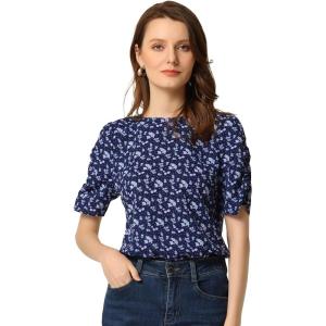 imageAllegra K Womens Floral Blouse Crew Neck Valentines Day Casual Shirred Short Sleeve TopDark Blue