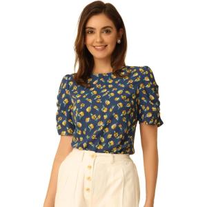 imageAllegra K Womens Floral Blouse Crew Neck Valentines Day Casual Shirred Short Sleeve TopDeep Blue