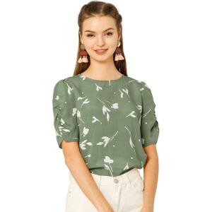 imageAllegra K Womens Floral Blouse Crew Neck Valentines Day Casual Shirred Short Sleeve TopGreen