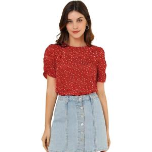 imageAllegra K Womens Floral Blouse Crew Neck Valentines Day Casual Shirred Short Sleeve TopRed