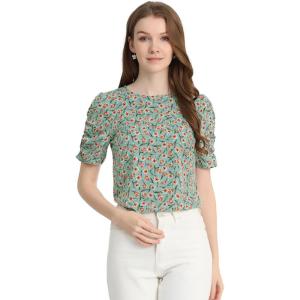 imageAllegra K Womens Floral Blouse Crew Neck Valentines Day Casual Shirred Short Sleeve TopTeal