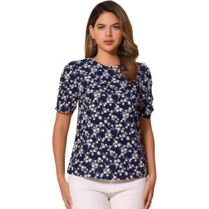 imageAllegra K Womens Floral Blouse Crew Neck Valentines Day Casual Shirred Short Sleeve TopWhite Floral