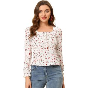 imageAllegra K Womens Floral Square Neck Long Sleeve Print Peasant Blouse Top