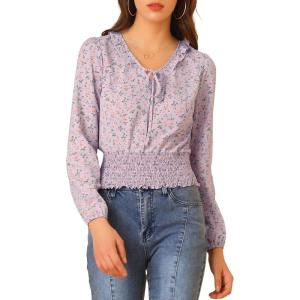 imageAllegra K Womens Floral Tie Neck Ruffle Collar Long Sleeve Smocked Waist Top