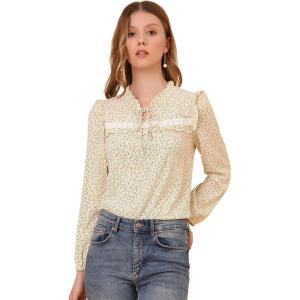 imageAllegra K Womens Floral Top Ruffle Tie Neck Chiffon BlouseWhite