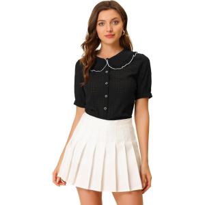 imageAllegra K Womens Gingham Button Up Shirt Blouse Short Sleeve Peter Pan Collar TopsBlack