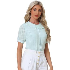 imageAllegra K Womens Gingham Button Up Shirt Blouse Short Sleeve Peter Pan Collar TopsBlue