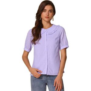imageAllegra K Womens Gingham Button Up Shirt Blouse Short Sleeve Peter Pan Collar TopsLight Purple