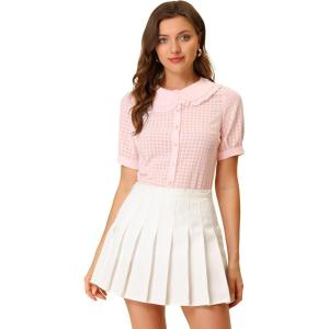 imageAllegra K Womens Gingham Button Up Shirt Blouse Short Sleeve Peter Pan Collar TopsPink