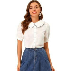 imageAllegra K Womens Gingham Button Up Shirt Blouse Short Sleeve Peter Pan Collar TopsWhite