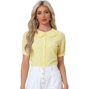 imageAllegra K Womens Gingham Button Up Shirt Blouse Short Sleeve Peter Pan Collar TopsYellow