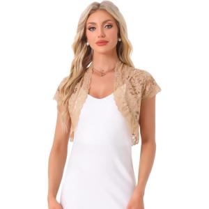 imageAllegra K Womens Lace Cardigan Open Front Elegant Short Sleeve Sheer Floral Cropped Bolero Lace Shrug TopKhaki