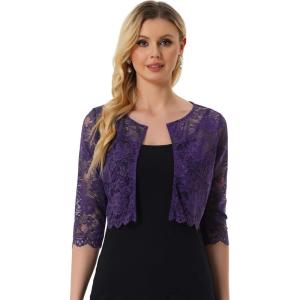 imageAllegra K Womens Lace Cardigan Open Front Lace Shrug Elegant Sheer Floral Cropped Bolero Lace TopsDark Purple