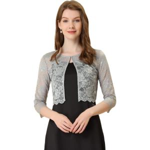 imageAllegra K Womens Lace Cardigan Open Front Lace Shrug Elegant Sheer Floral Cropped Bolero Lace TopsGray