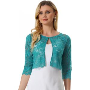 imageAllegra K Womens Lace Cardigan Open Front Lace Shrug Elegant Sheer Floral Cropped Bolero Lace TopsMalachite Green
