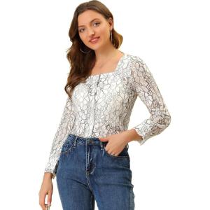 imageAllegra K Womens Lace Floral Blouse Square Neck Long Sleeve Button Down TopWhite