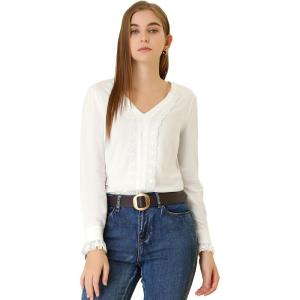 imageAllegra K Womens Lace Panel Tops V Neck Casual Long Sleeves Blouse