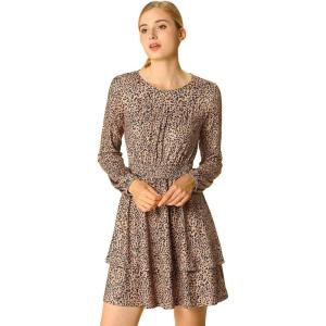imageAllegra K Womens Leopard Print Round Neck Smock Waist Long Sleeve Ruffle Mini DressLight Brown