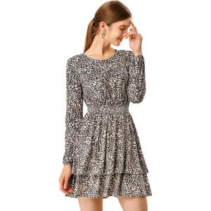 imageAllegra K Womens Leopard Print Round Neck Smock Waist Long Sleeve Ruffle Mini DressPink