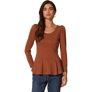 imageAllegra K Womens Long Sleeves Scoop Neck Casual Peplum Shirt TopsBrown