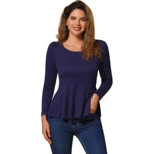 imageAllegra K Womens Long Sleeves Scoop Neck Casual Peplum Shirt TopsDark Blue