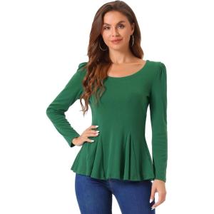 imageAllegra K Womens Long Sleeves Scoop Neck Casual Peplum Shirt TopsDark Green