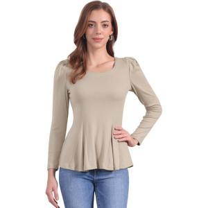 imageAllegra K Womens Long Sleeves Scoop Neck Casual Peplum Shirt TopsKhaki