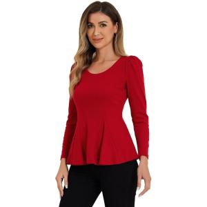 imageAllegra K Womens Long Sleeves Scoop Neck Casual Peplum Shirt TopsRed