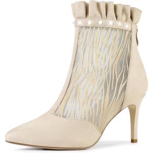 imageAllegra K Womens Mesh Heel Boots Stiletto Heels Ruffle Ankle BootsBeige