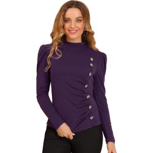 imageAllegra K Womens Mock Neck Puff Long Sleeve Knit Button Decor Ruched Tops