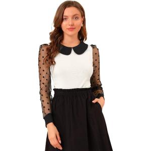 imageAllegra K Womens Peter Pan Collar Contrast Color Mesh Sheer Dots Print Long Sleeve Tops