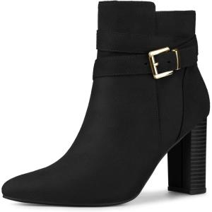 imageAllegra K Womens Pointed Toe Buckle Decor Chunky Heel Ankle BootsBlack