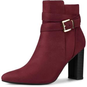imageAllegra K Womens Pointed Toe Buckle Decor Chunky Heel Ankle BootsBurgundy